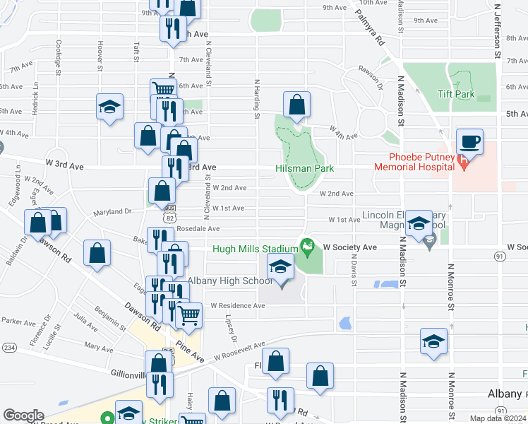 map of restaurants, bars, coffee shops, grocery stores, and more near 826 West 1st Avenue in Albany