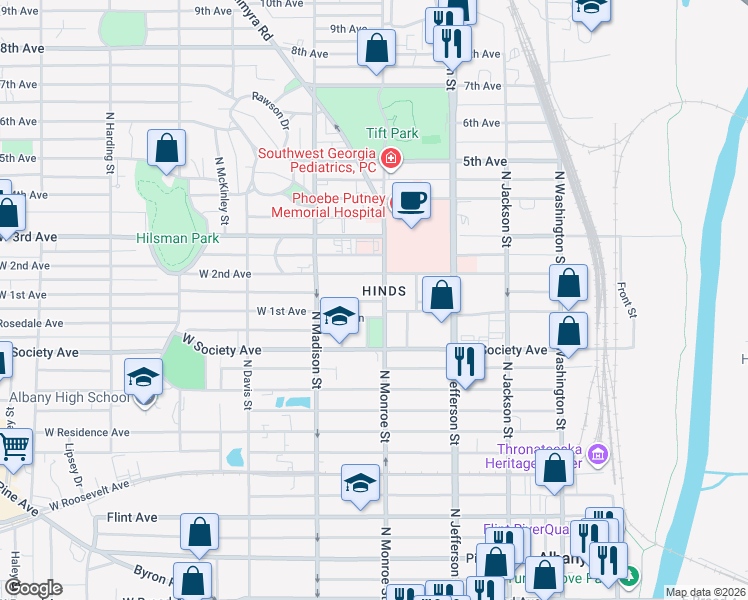 map of restaurants, bars, coffee shops, grocery stores, and more near 806 North Monroe Street in Albany