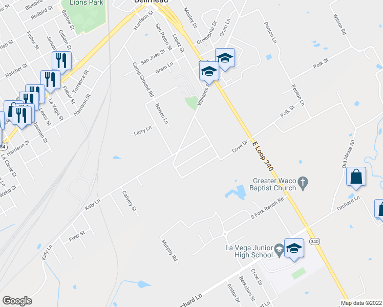 map of restaurants, bars, coffee shops, grocery stores, and more near 4008 Treasure Island Road in Waco