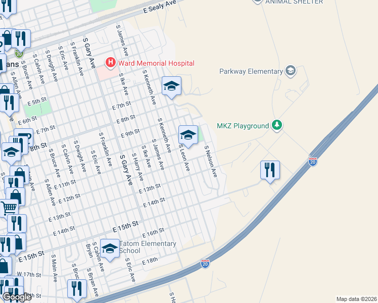 map of restaurants, bars, coffee shops, grocery stores, and more near 1100 South Leon Avenue in Monahans
