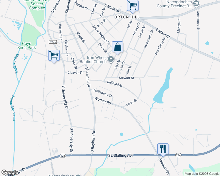 map of restaurants, bars, coffee shops, grocery stores, and more near 1724 Railroad Street in Nacogdoches