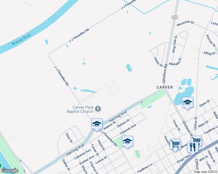 map of restaurants, bars, coffee shops, grocery stores, and more near 2405 J J Flewellen Road in Waco