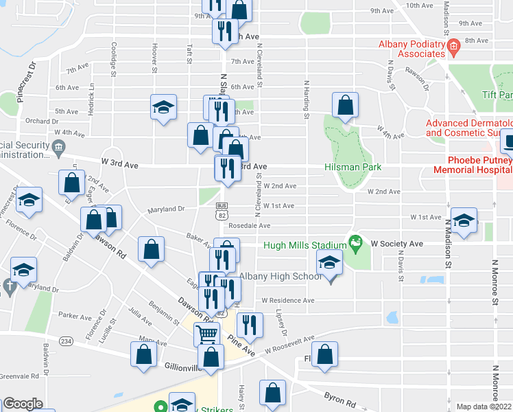 map of restaurants, bars, coffee shops, grocery stores, and more near 1004 1st Avenue in Albany