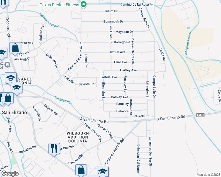 map of restaurants, bars, coffee shops, grocery stores, and more near 490 Fulbrook Avenue in San Elizario