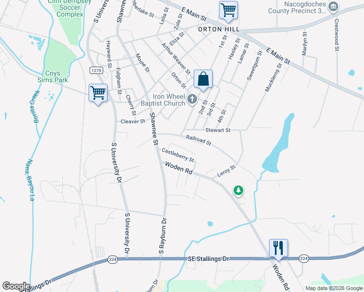 map of restaurants, bars, coffee shops, grocery stores, and more near 1724 Railroad Street in Nacogdoches