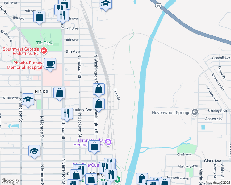 map of restaurants, bars, coffee shops, grocery stores, and more near Front Street in Albany