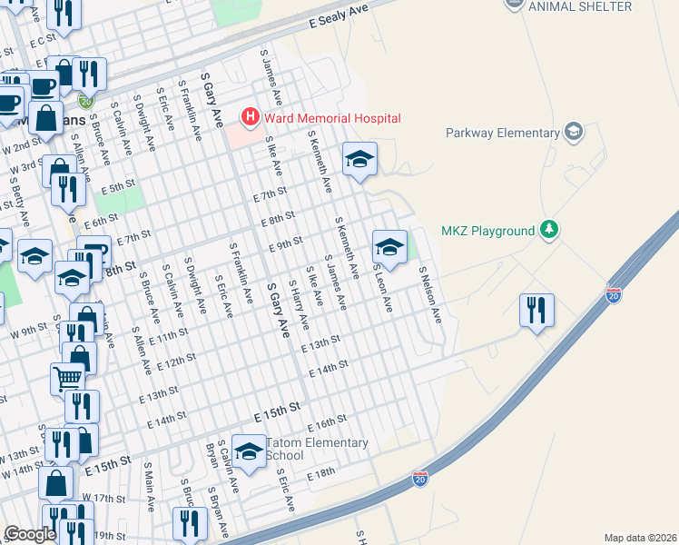 map of restaurants, bars, coffee shops, grocery stores, and more near 1100-1146 East 10th Street in Monahans