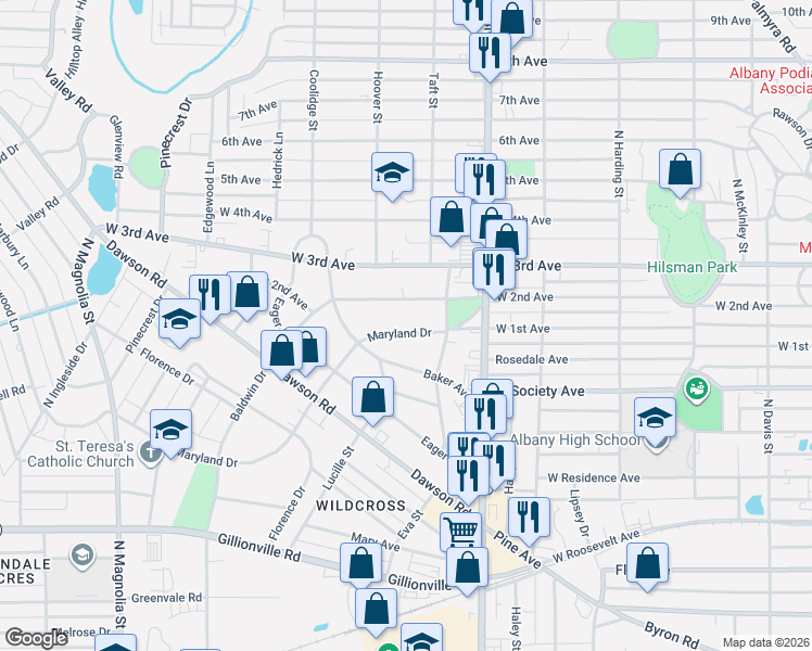 map of restaurants, bars, coffee shops, grocery stores, and more near 1208 West 2nd Avenue in Albany
