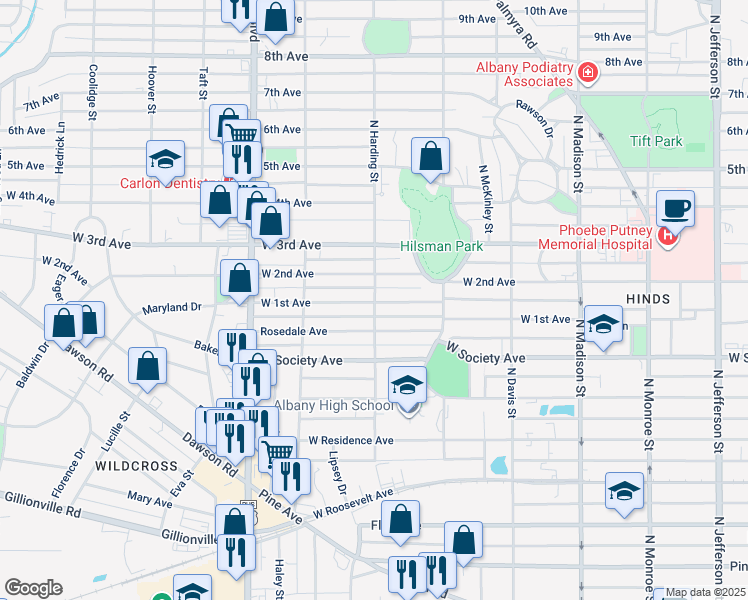 map of restaurants, bars, coffee shops, grocery stores, and more near 901 West 1st Avenue in Albany