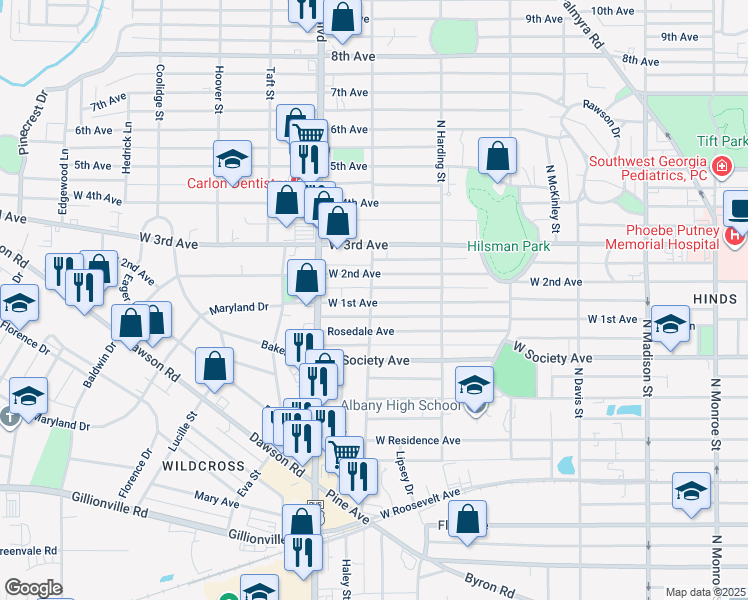 map of restaurants, bars, coffee shops, grocery stores, and more near 801 North Cleveland Street in Albany