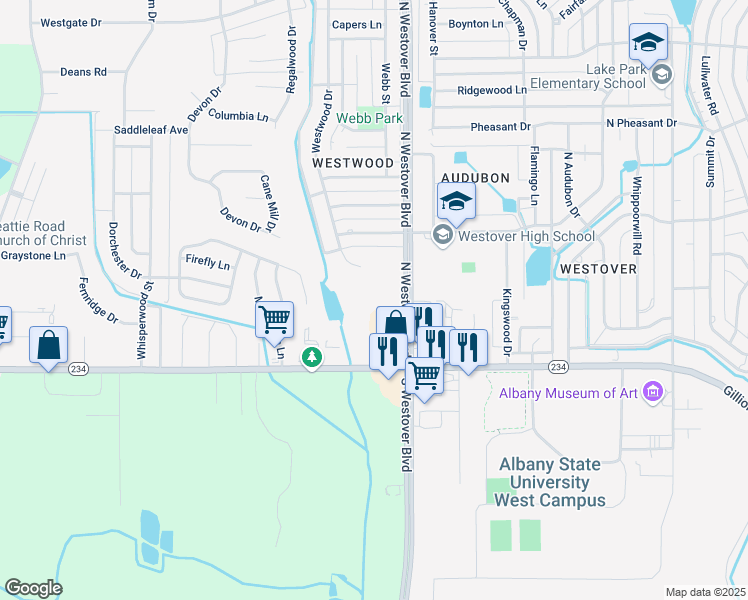 map of restaurants, bars, coffee shops, grocery stores, and more near 2809 Gillionville Road in Albany