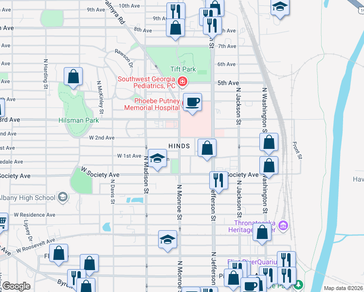 map of restaurants, bars, coffee shops, grocery stores, and more near 806 North Monroe Street in Albany