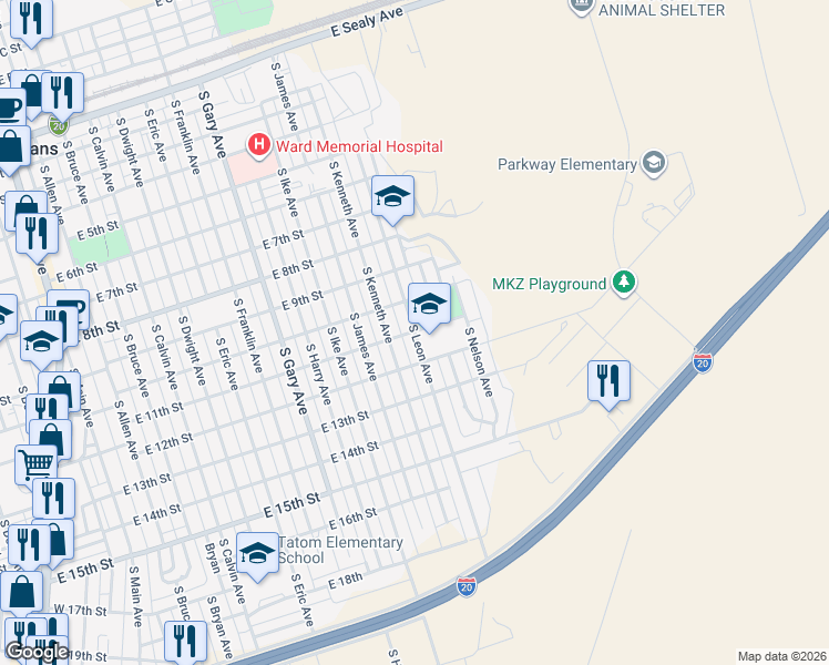 map of restaurants, bars, coffee shops, grocery stores, and more near 1100 South Leon Avenue in Monahans