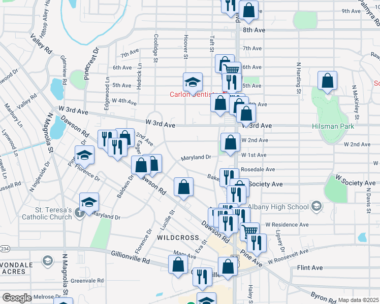map of restaurants, bars, coffee shops, grocery stores, and more near 1221 Maryland Drive in Albany