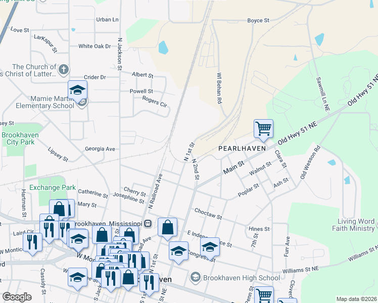 map of restaurants, bars, coffee shops, grocery stores, and more near 900 North 1st Street in Brookhaven