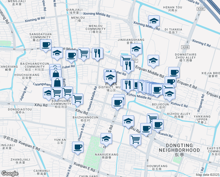 map of restaurants, bars, coffee shops, grocery stores, and more near 1 Xi Zhou Zhong Lu in Wuxi Shi