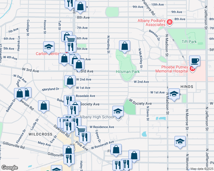 map of restaurants, bars, coffee shops, grocery stores, and more near 901 West 1st Avenue in Albany