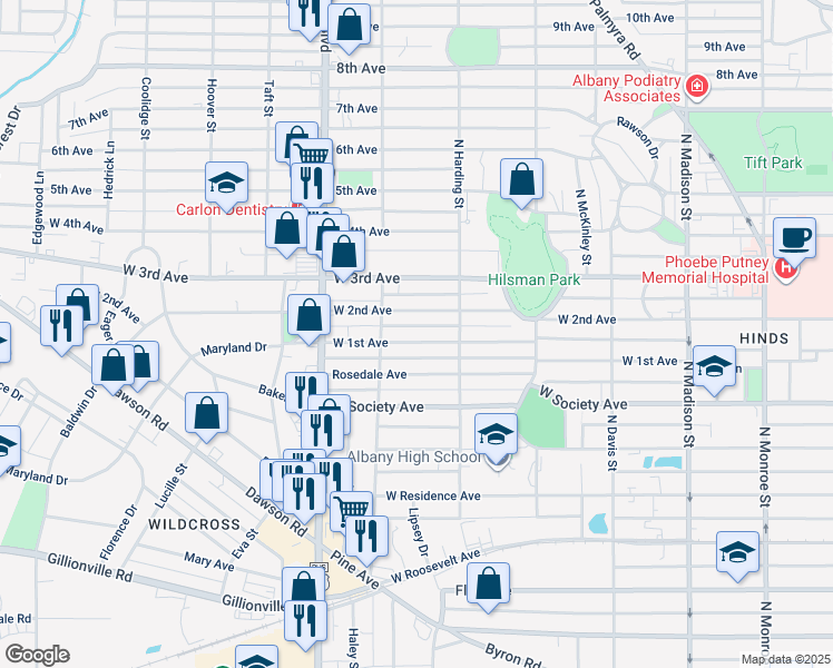 map of restaurants, bars, coffee shops, grocery stores, and more near 917 W 1st Ave in Albany