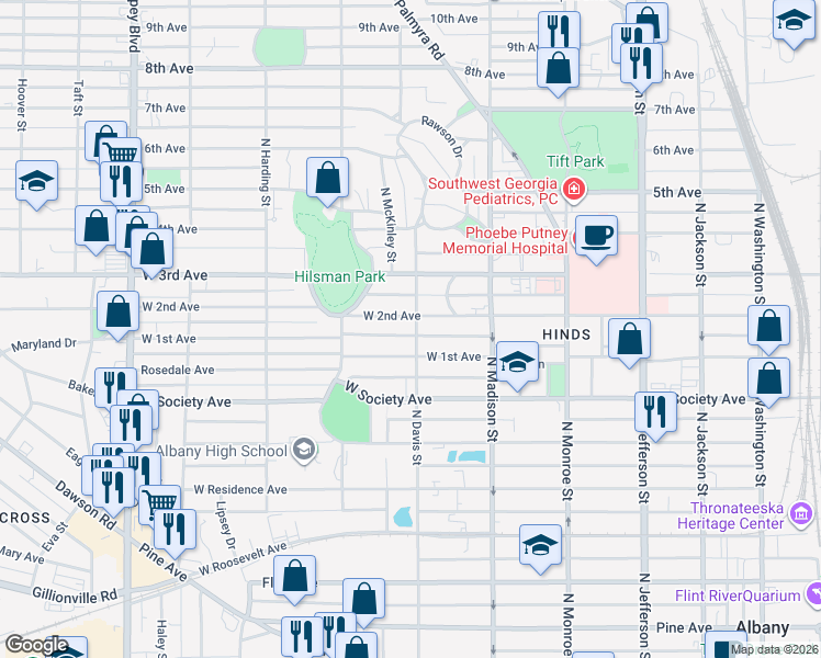 map of restaurants, bars, coffee shops, grocery stores, and more near 811 North Davis Street in Albany