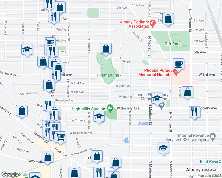 map of restaurants, bars, coffee shops, grocery stores, and more near 810 North Van Buren Street in Albany