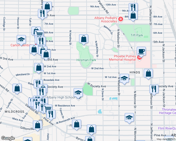 map of restaurants, bars, coffee shops, grocery stores, and more near 810 North Van Buren Street in Albany