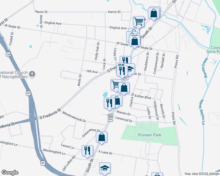map of restaurants, bars, coffee shops, grocery stores, and more near 210 Ferndale Street in Nacogdoches