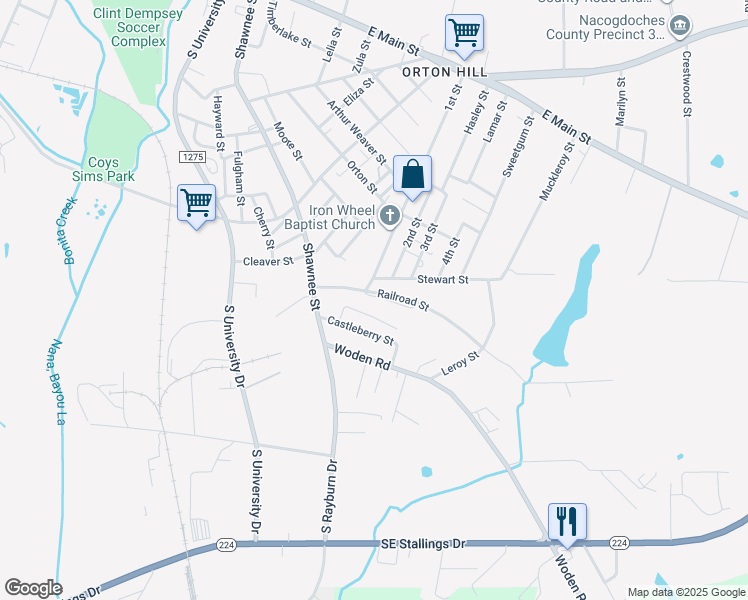 map of restaurants, bars, coffee shops, grocery stores, and more near 1724 Railroad Street in Nacogdoches