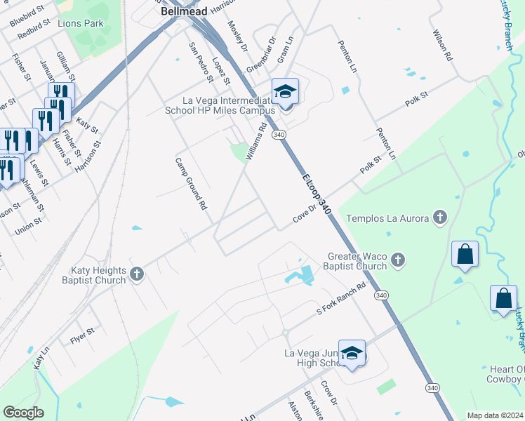 map of restaurants, bars, coffee shops, grocery stores, and more near 4020 Treasure Island Road in Waco