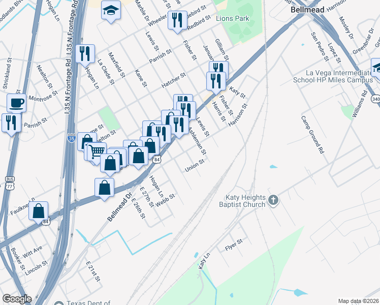 map of restaurants, bars, coffee shops, grocery stores, and more near 3103 Harrison Street in Waco