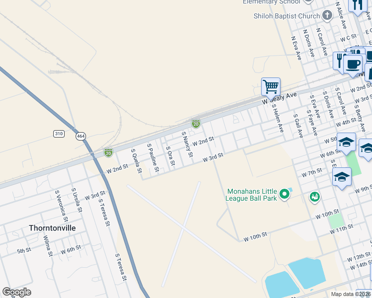 map of restaurants, bars, coffee shops, grocery stores, and more near 201 South Nancy Street in Monahans