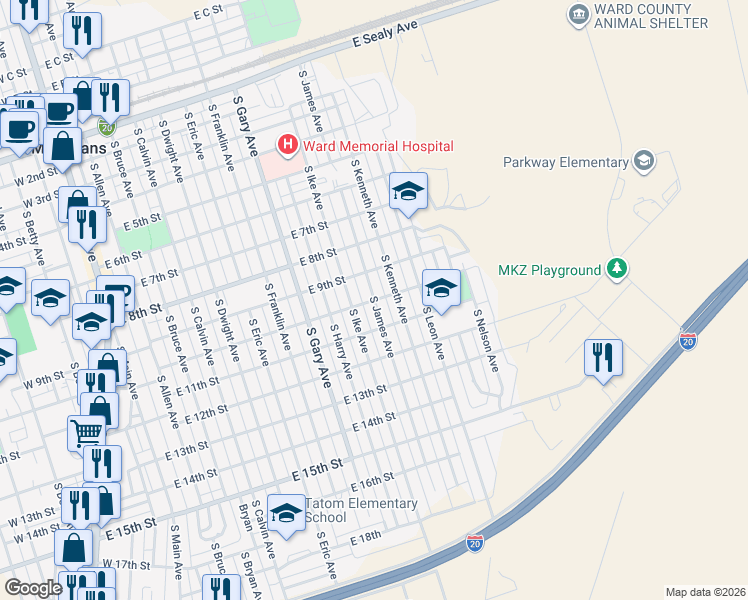 map of restaurants, bars, coffee shops, grocery stores, and more near 1100 East 10th Street in Monahans