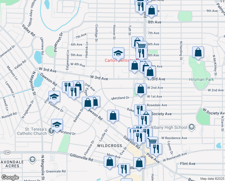map of restaurants, bars, coffee shops, grocery stores, and more near 1221 Maryland Drive in Albany