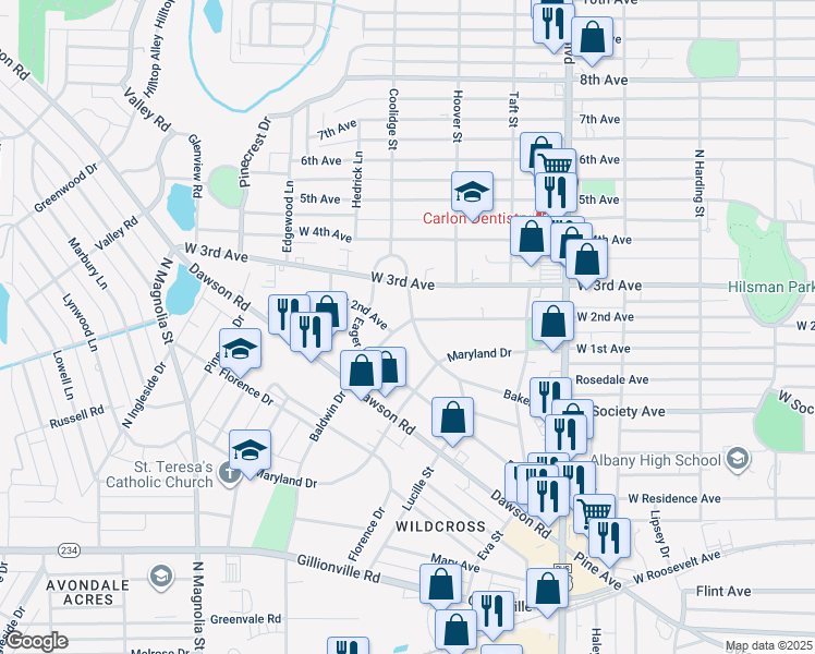 map of restaurants, bars, coffee shops, grocery stores, and more near 810 Baldwin Drive in Albany