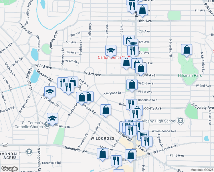 map of restaurants, bars, coffee shops, grocery stores, and more near 1222 West 2nd Avenue in Albany