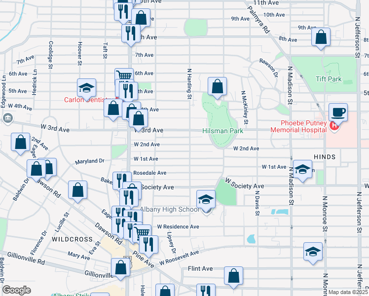 map of restaurants, bars, coffee shops, grocery stores, and more near 902 West 2nd Avenue in Albany