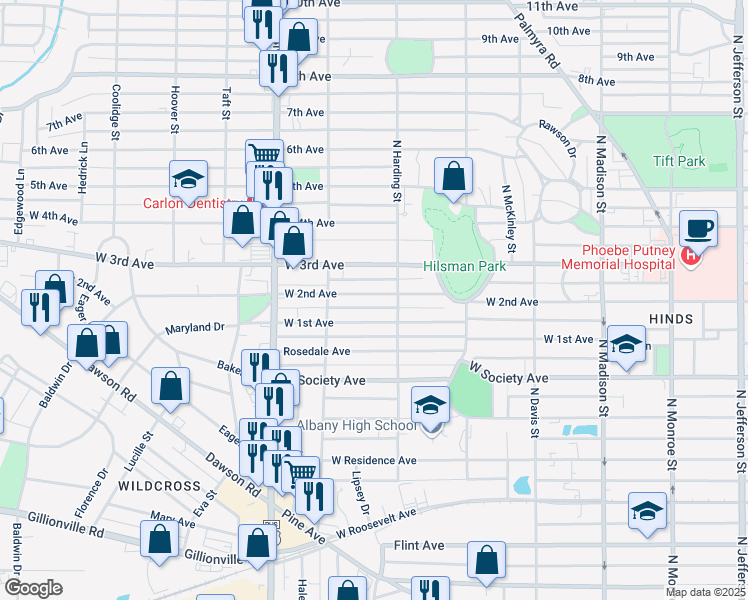 map of restaurants, bars, coffee shops, grocery stores, and more near 917 West 1st Avenue in Albany