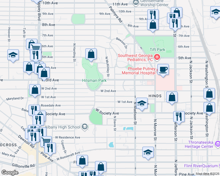 map of restaurants, bars, coffee shops, grocery stores, and more near 811 North Davis Street in Albany