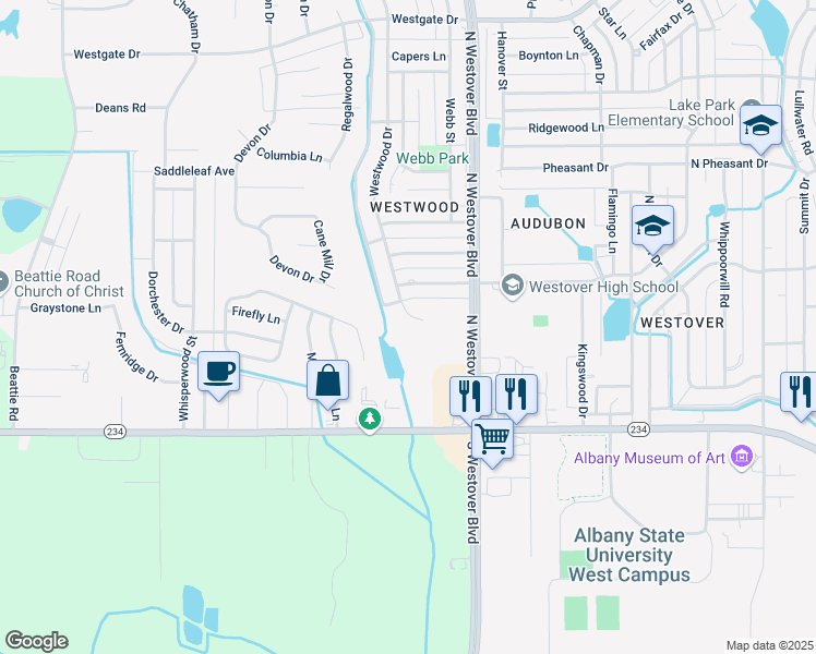 map of restaurants, bars, coffee shops, grocery stores, and more near 2809 Gillionville Road in Albany