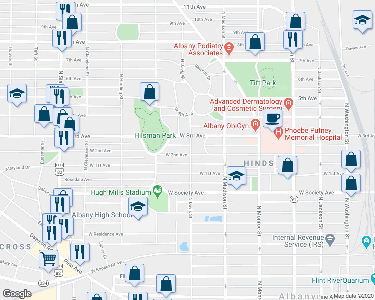 map of restaurants, bars, coffee shops, grocery stores, and more near 903 North Davis Street in Albany