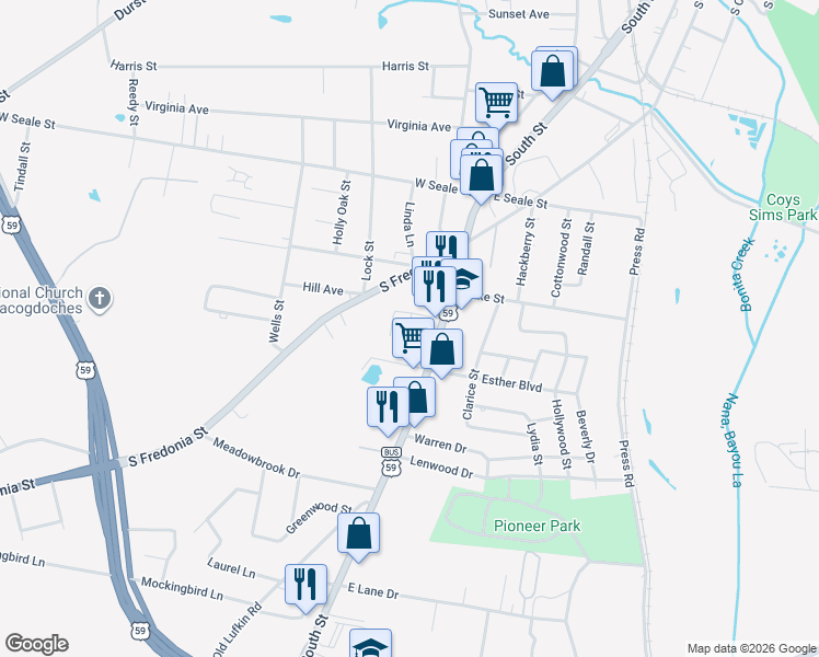 map of restaurants, bars, coffee shops, grocery stores, and more near 210 Ferndale Street in Nacogdoches