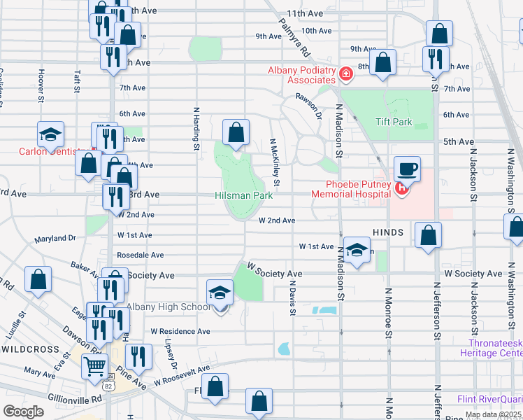 map of restaurants, bars, coffee shops, grocery stores, and more near 912 North Van Buren Street in Albany