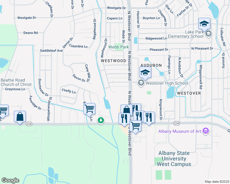 map of restaurants, bars, coffee shops, grocery stores, and more near 1206 Westwood Drive in Albany