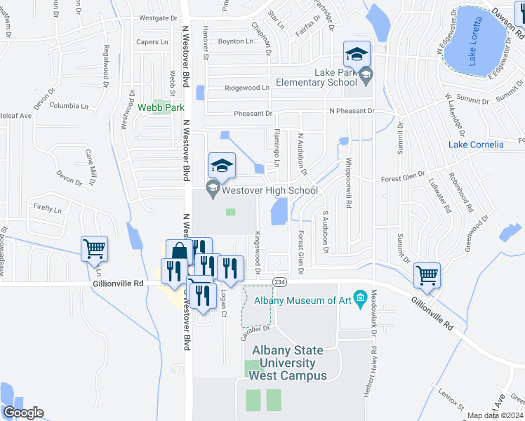 map of restaurants, bars, coffee shops, grocery stores, and more near 430 Kingswood Court in Albany