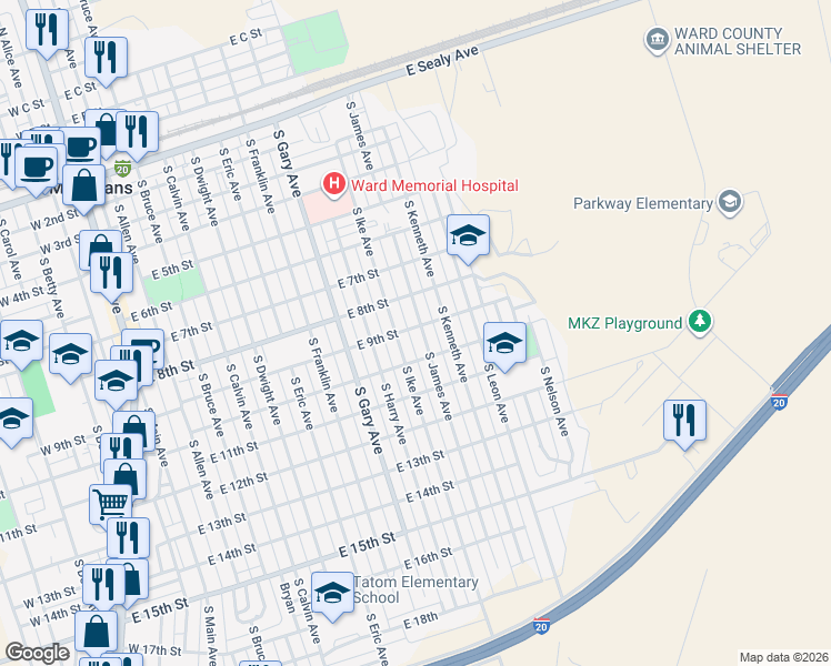 map of restaurants, bars, coffee shops, grocery stores, and more near 809 South James Avenue in Monahans