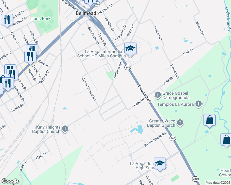map of restaurants, bars, coffee shops, grocery stores, and more near Williams Drive in Bellmead