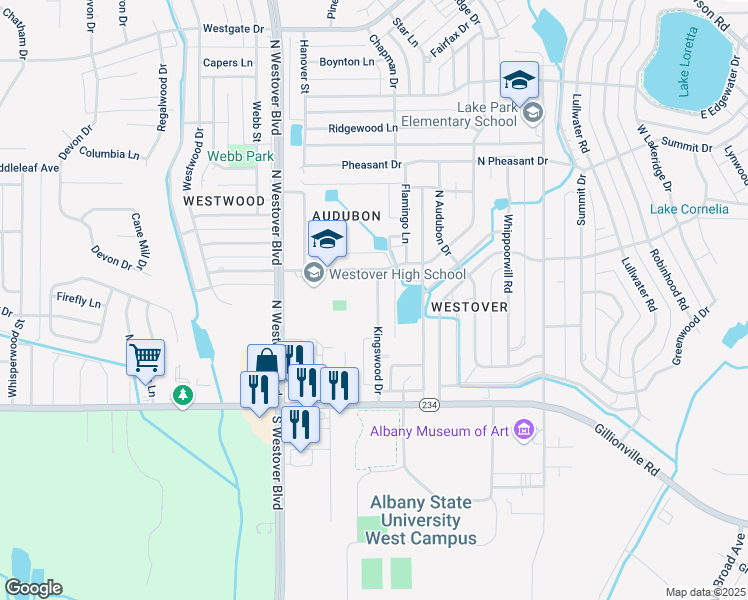 map of restaurants, bars, coffee shops, grocery stores, and more near 479 Kingswood Court in Albany