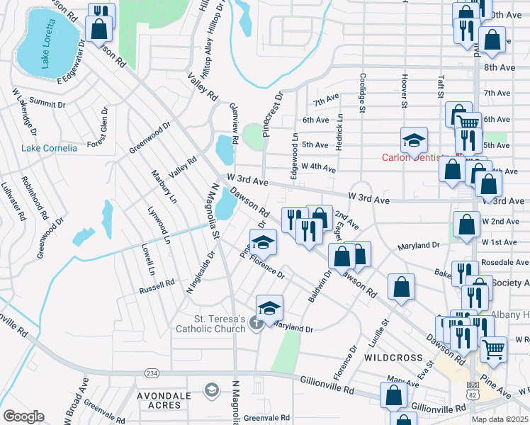 map of restaurants, bars, coffee shops, grocery stores, and more near 1535 Dawson Road in Albany