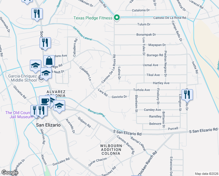 map of restaurants, bars, coffee shops, grocery stores, and more near 12608 Perdiz in San Elizario
