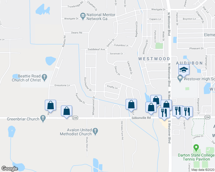 map of restaurants, bars, coffee shops, grocery stores, and more near 2916 Firefly Lane in Albany