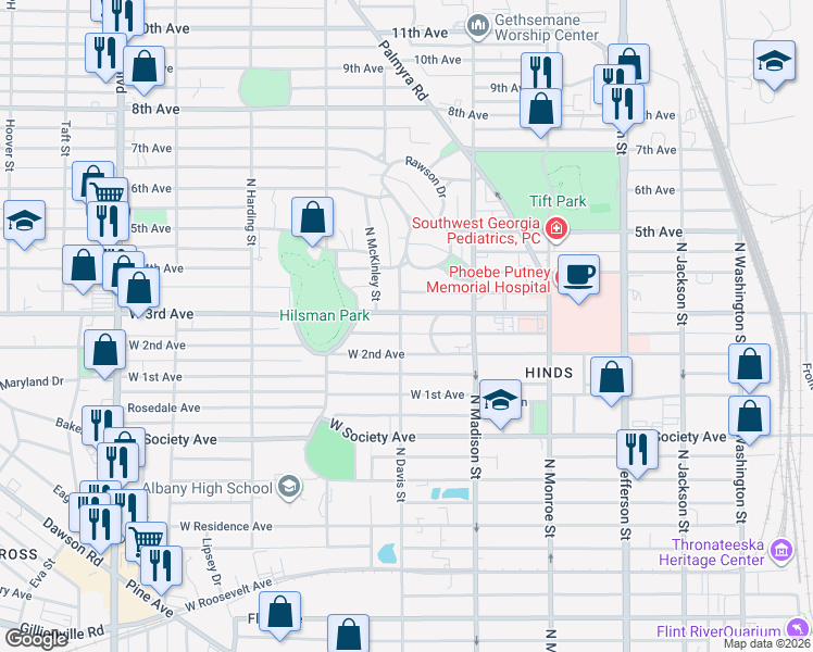 map of restaurants, bars, coffee shops, grocery stores, and more near 912 North Davis Street in Albany